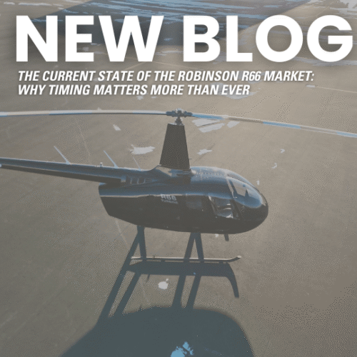 A black R66 with the title of the blog overlaid — The Current State of the Robinson R66 Helicopter Market: Why Timing Matters More Than Ever